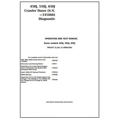 John Deere 450J, 550J, 650J Crawler Dozer Diagnostic, Operation and Tests Service Manual Pdf - TM2257