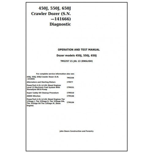 John Deere 450J, 550J, 650J Crawler Dozer Diagnostic, Operation and Tests Service Manual Pdf - TM2257