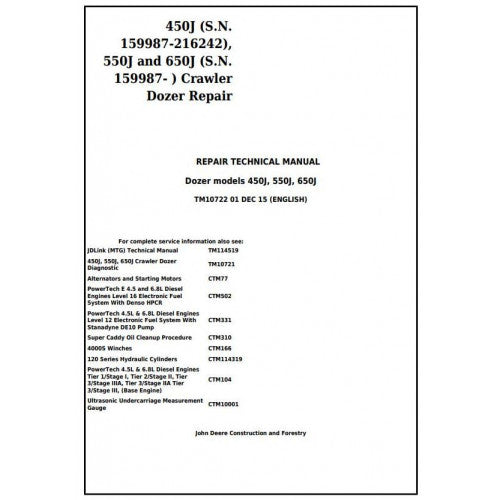 John Deere 450J, 550J, 650J Crawler Dozer Pdf Repair Service Technical Manual TM10722