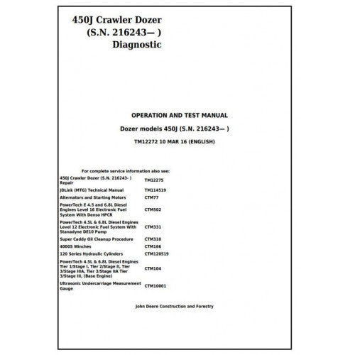 John Deere 450J Crawler Dozer Diagnostic, Operation and Tests Service Manual Pdf - TM12272