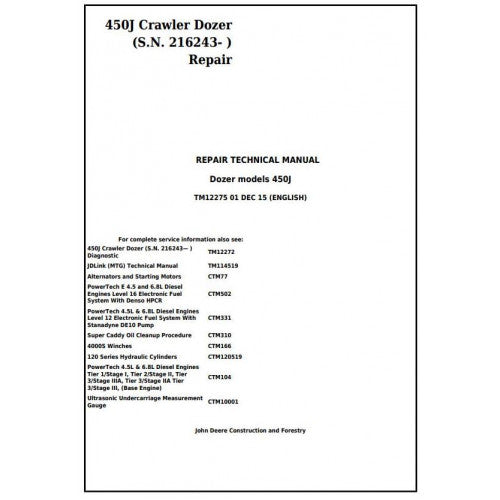 John Deere 450J Crawler Dozer Pdf Repair Service Technical Manual TM12275