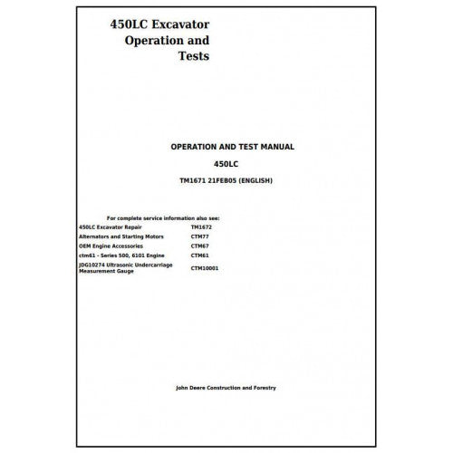 John Deere 450LC Excavator Diagnostic, Operation and Tests Service Manual Pdf - TM1671