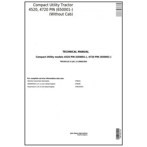 John Deere 4520, 4720 Compact Utility Tractor Service Repair Technical Manual Pdf - TM105119