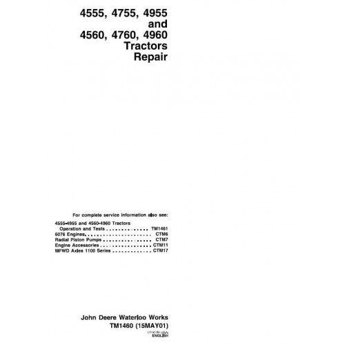 John Deere 4555, 4560, 4755, 4760, 4955, 4960 Tractor Service Repair Technical Manual Pdf - TM1460