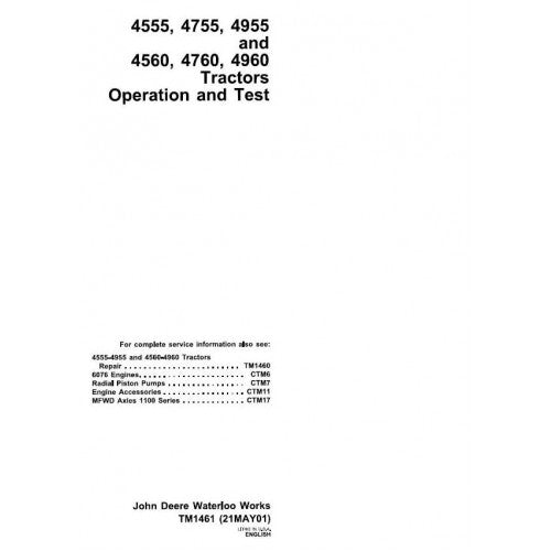 John Deere 4555, 4560, 4755, 4760, 4955, 4960 Tractors Operation and Tests Service Manual Pdf - TM1461