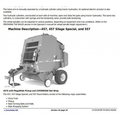 John Deere 457S, 467S Silage Special and 447, 457, 467, 547, 557, 567 Round Balers Service Repair Technical Manual Pdf - TM2203 2