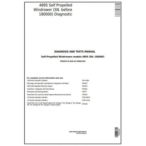 John Deere 4895 Self Propelled Hay and Forage Windrower Diagnostic Manual Pdf - TM2034