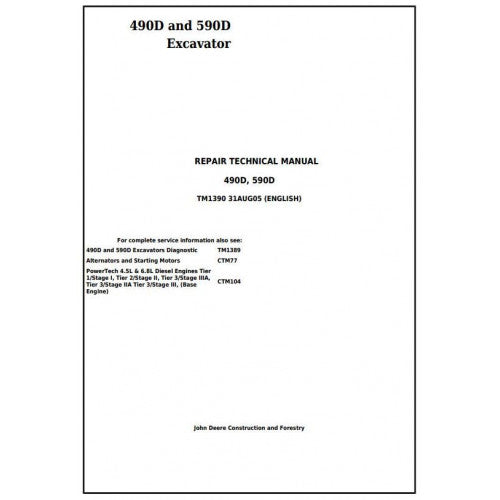 John Deere 490D and 590D Excavator Pdf Repair Service Technical Manual TM1390