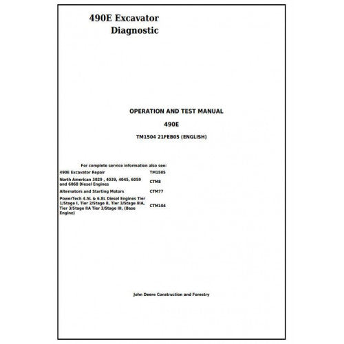 John Deere 490E Excavator Diagnostic, Operation and Tests Service Manual Pdf - TM1504