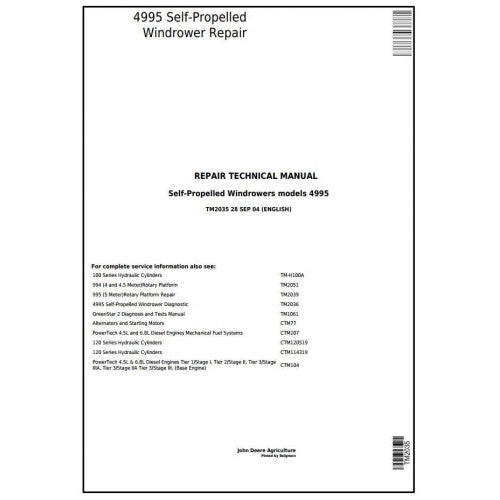 John Deere 4995 Self-Propelled Windrowers Hay and Forage Service Repair Technical Manual Pdf - TM2035