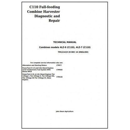 John Deere 4LZ-7, 4LZ-9 (C110) Combine Diagnostic and Service Repair Technical Manual Pdf TM121419 2