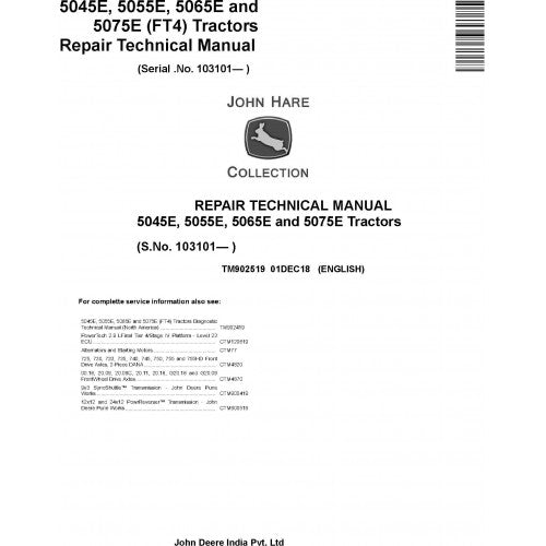 John Deere 5045E, 5055E, 5065E, 5075E Tractor Service Repair Technical Manual Pdf - TM902519