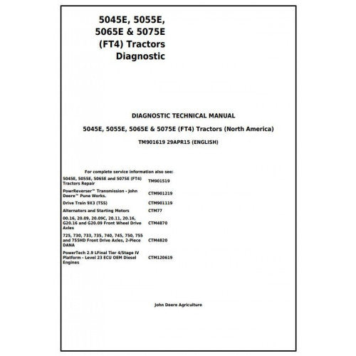 John Deere 5045E, 5055E, 5065E and 5075E Tractor Diagnostic and Technical Manual Pdf - TM901619