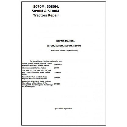 John Deere 5070M, 5080M, 5090M and 5100M Tractor Service Repair Technical Manual Pdf - TM402019