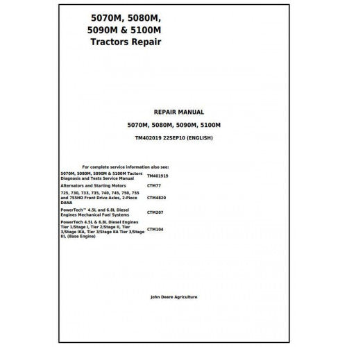 John Deere 5070M, 5080M, 5090M and 5100M Tractor Service Repair Technical Manual Pdf - TM402019