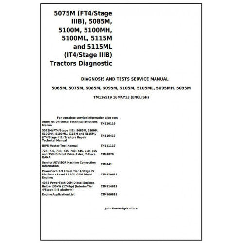 John Deere 5075M, 5085M, 5100M, 5100MH, 5100ML, 5115M, 5115ML Tractor Diagnostic and Test Service Manual Pdf - TM116519