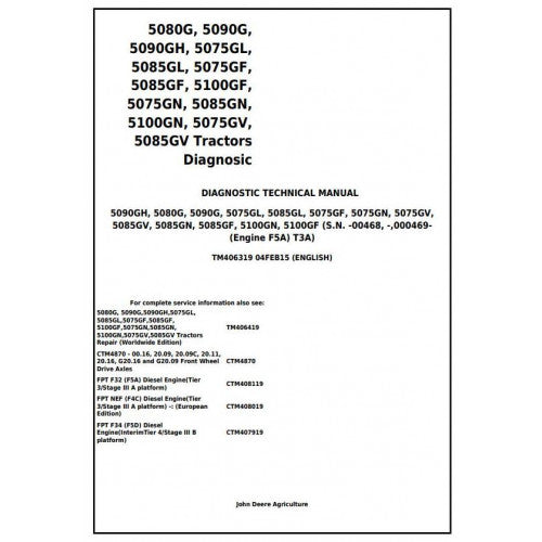 John Deere 5080G, 5090G, 5090GH, 5075G, 5085G, 5100GF, 5100GN Tractor Diagnostic and Technical Manual Pdf - TM406319