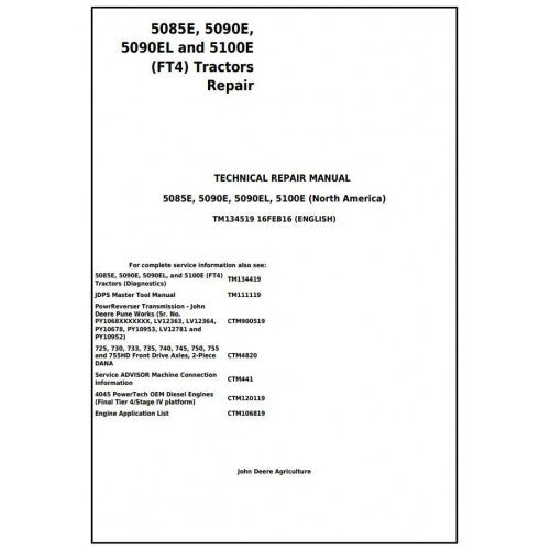 John Deere 5085E, 5090E, 5090EL, 5100E (FT4) Tractor Service Repair Technical Manual Pdf - TM134519