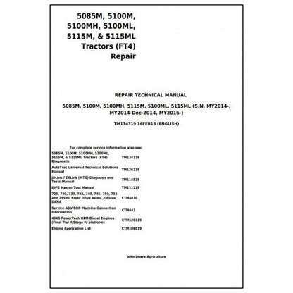 John Deere 5085M, 5100M, 5100MH, 5100ML, 5115M, 5115ML (FT4) Tractor Service Repair Technical Manual Pdf - TM134319