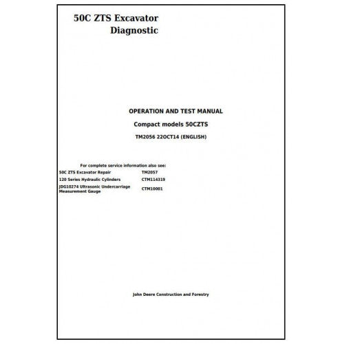 John Deere 50CZTS Compact Excavator Diagnostic, Operation and Tests Service Manual Pdf - TM2056