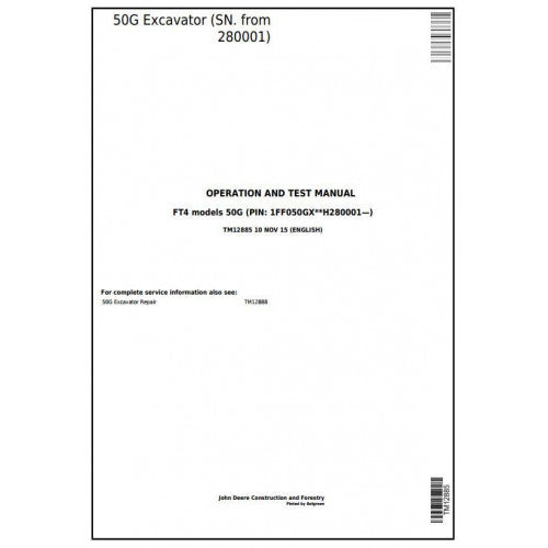 John Deere 50G Compact Excavator Diagnostic, Operation and Tests Service Manual Pdf - TM12885