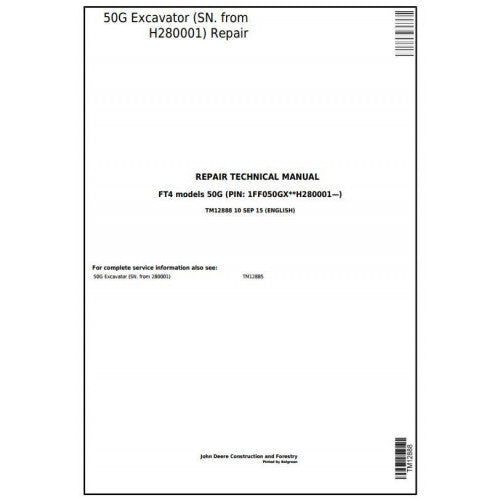 John Deere 50G Compact Excavator Service Repair Technical Manual Pdf - TM12888