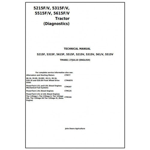 John Deere 5215F, 5315F, 5515F, 5615F, 5215V, 5315V, 5515V, 5615V Tractor Service Repair Technical Manual Pdf - TM4861