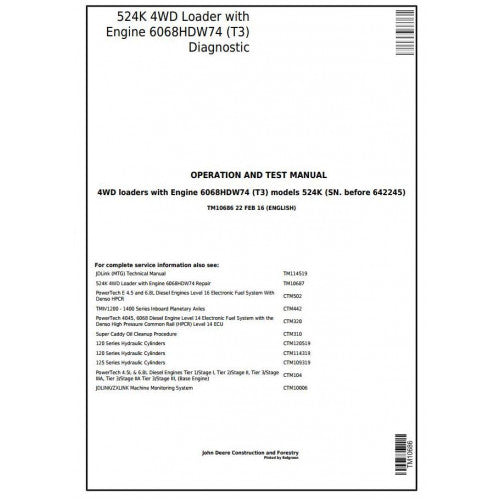 John Deere 524K 4WD Loader Diagnostic, Operation and Tests Service Manual Pdf - TM10686