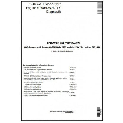 John Deere 524K 4WD Loader Diagnostic, Operation and Tests Service Manual Pdf - TM10686