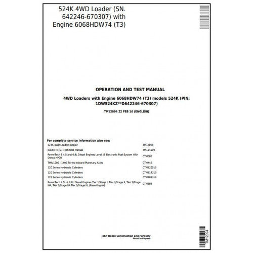 John Deere 524K 4WD Loader Diagnostic, Operation and Tests Service Manual Pdf - TM12094