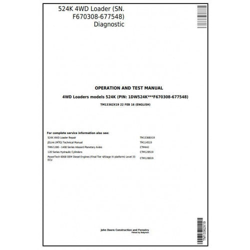 John Deere 524K 4WD Loader Diagnostic, Operation and Tests Service Manual Pdf - TM13362X19