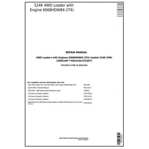 John Deere 524K 4WD Loader Pdf Repair Service Technical Manual TM12095