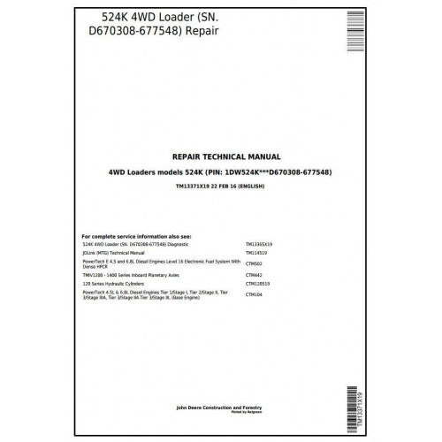 John Deere 524K 4WD Loader Pdf Repair Service Technical Manual TM13371X19