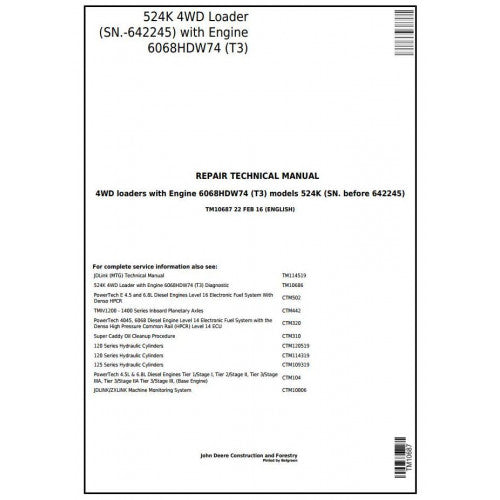 John Deere 524K 4WD Loader Service Repair Technical Manual Pdf TM10687 2