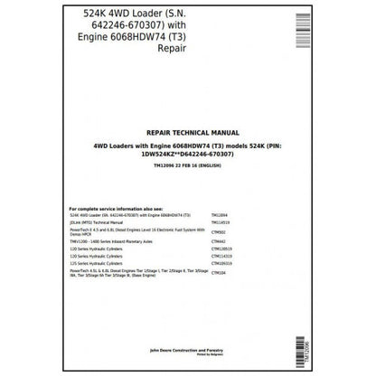 John Deere 524K 4WD Loader Service Repair Technical Manual Pdf TM12096 2