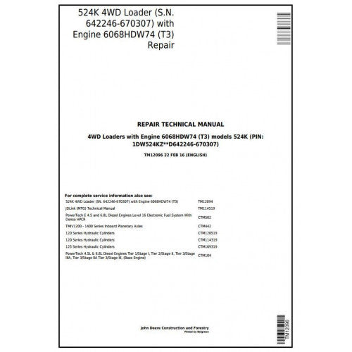 John Deere 524K 4WD Loader Service Repair Technical Manual Pdf TM12096