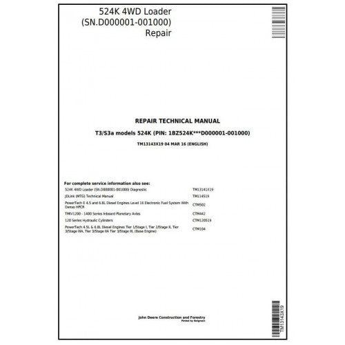 John Deere 524K 4WD Loader Service Repair Technical Manual Pdf TM13143X19