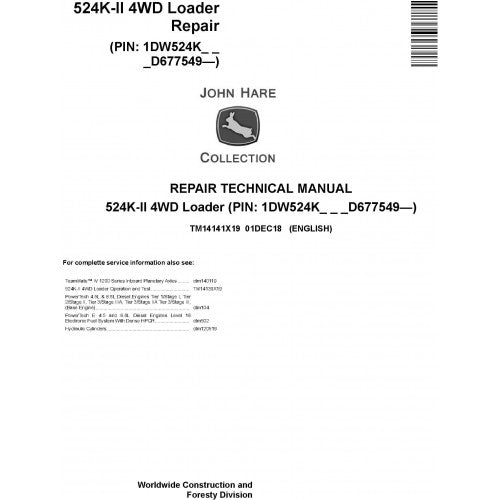 John Deere 524K-II 4WD Loader Pdf Repair Service Technical Manual TM14141X19