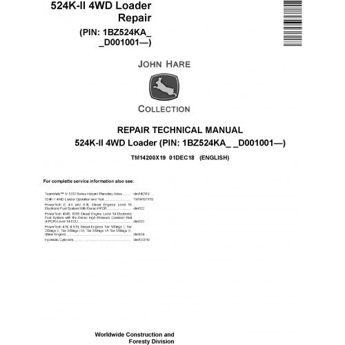 John Deere 524K-II 4WD Loader Pdf Repair Service Technical Manual TM14200X19