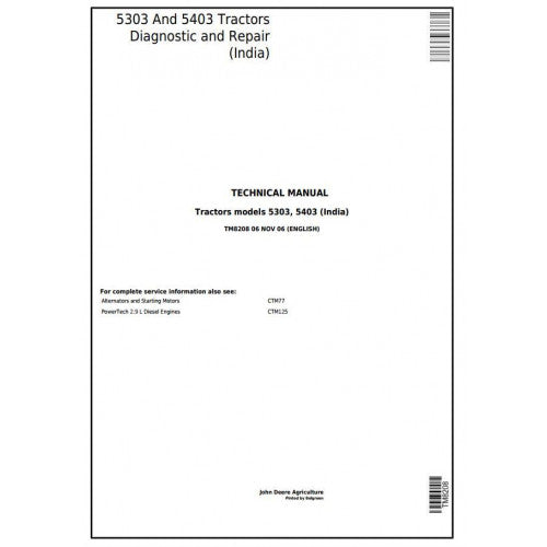 John Deere 5303 and 5403 Tractor Service Repair Technical Manual Pdf - TM8208