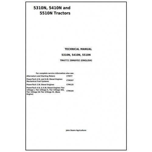 John Deere 5310N, 5410N and 5510N Tractor Service Repair Technical Manual Pdf - TM4772