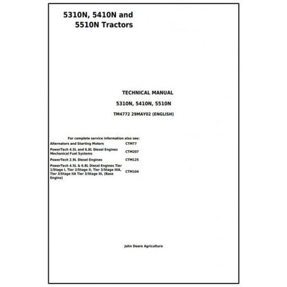 John Deere 5310N, 5410N and 5510N Tractor Service Repair Technical Manual Pdf - TM4772