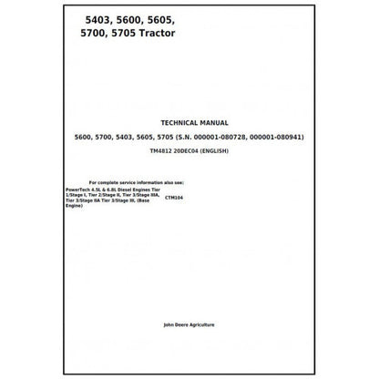 John Deere 5403, 5600, 5605, 5700, 5705 Tractor Service Repair Technical Manual Pdf - TM4812