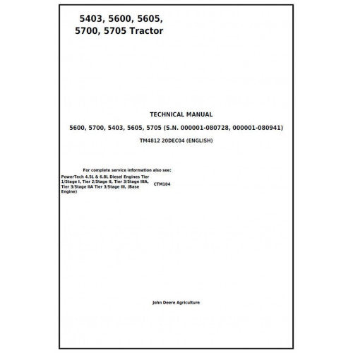 John Deere 5403, 5600, 5605, 5700, 5705 Tractor Service Repair Technical Manual Pdf - TM4812