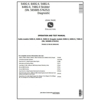 John Deere 540G-2 640G-2 548G-2 648G-2 748G-2 Skidders Diagnostic, Operation and Tests Service Manual Pdf - TM1693