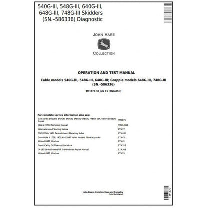 John Deere 540G-3, 548G-3, 640G-3, 648G-3, 748G-3 Skidders Diagnostic, Operation and Tests Service Manual Pdf - TM1870