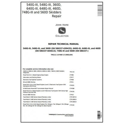 John Deere 540G-3, 548G-3, 640G-3, 648G-3, 748G-3 Timberjack And 360D, 460D, 560D, Skidder Service Repair Technical Manual TM2111 2