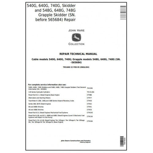 John Deere 540G, 640G, 740G, 548G, 648G, 748G Skidders Pdf Repair Service Technical Manual TM1600