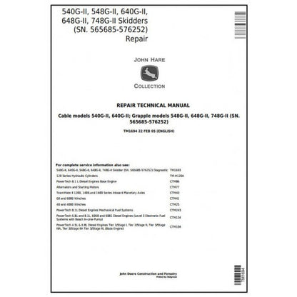 John Deere 540G-II 548G-II 640G-II 648G-II 748G-II Skidder Service Repair Technical Manual TM1694 2