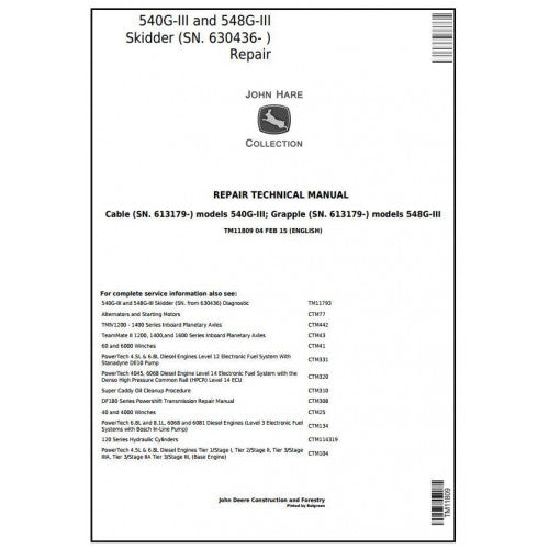 John Deere 540G-III and 548G-III Skidders Pdf Repair Service Technical Manual TM11809